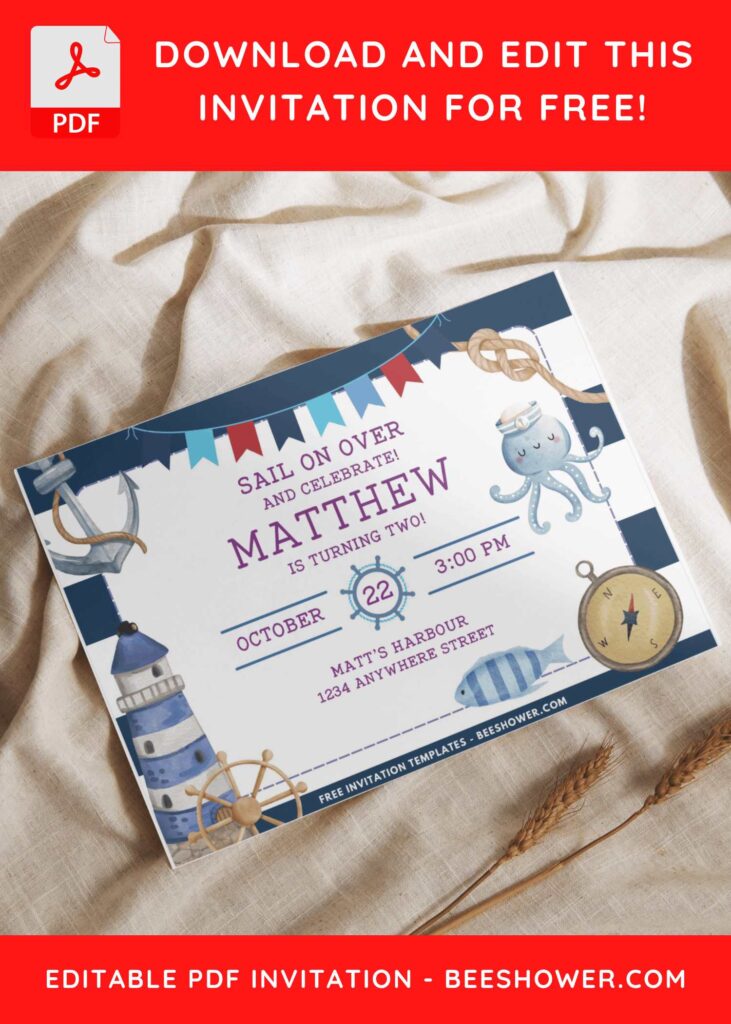 Sailor birthday invitation with blue and red bunting flags