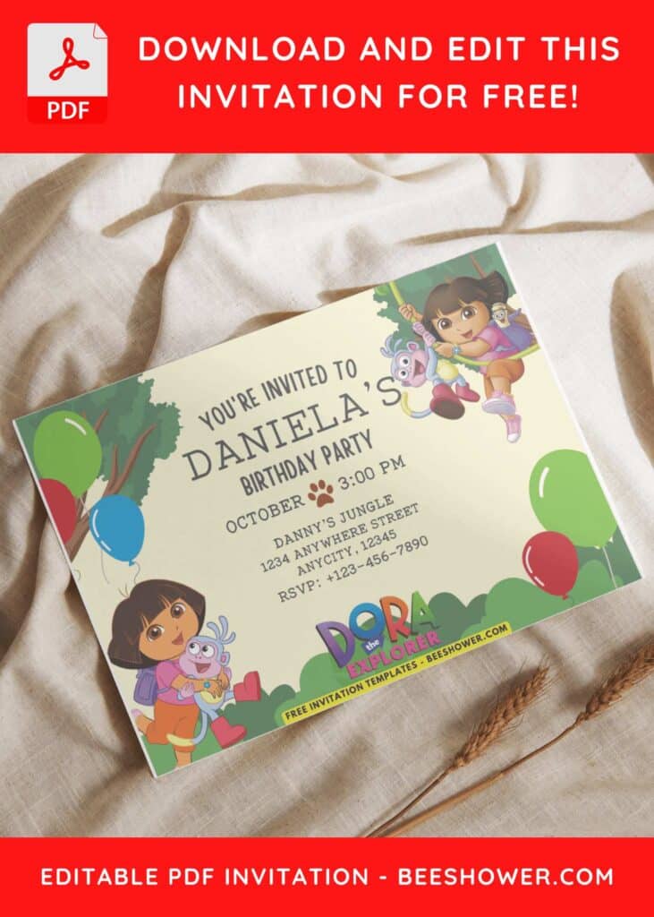 Jungle Adventure Dora the Explorer Birthday Invitation