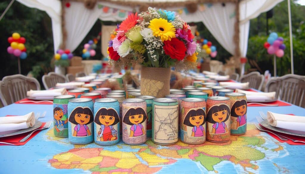 Table decor ideas with Steel/Plastic cans with printed Dora served on table that's covered with map-themed tablecloth