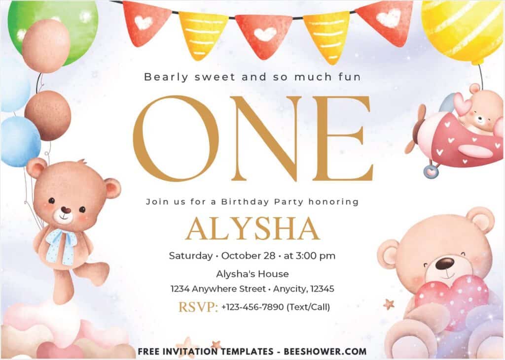 Watercolor Bear 1st Birthday Invitation