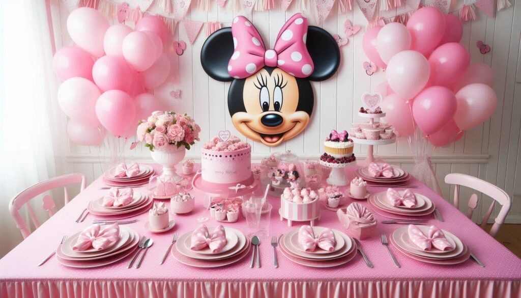 Minnie Mouse Pink tablecloth, balloons and bow tie