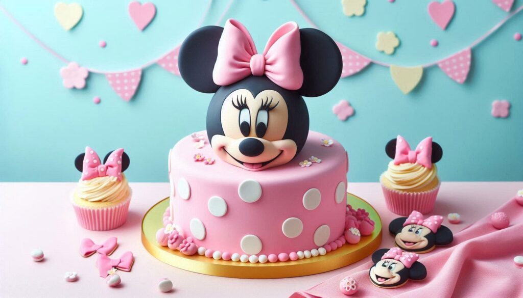 Cute Pink Polka Dot Minnie Mouse Birthday Cake with Minnie's Head, Bow Tie and more