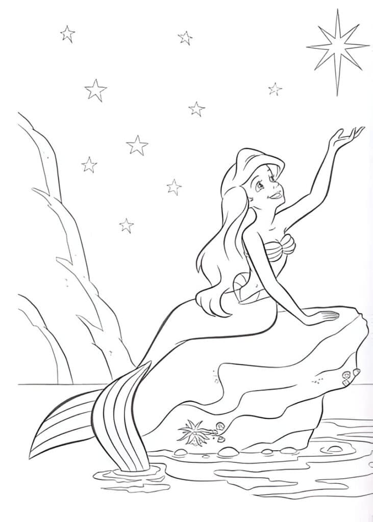 Ariel The Little Mermaid sitting on a rock coloring page template