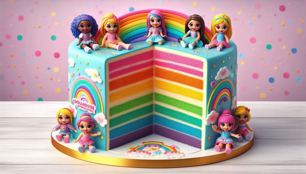 Rainbow layered cake for Gabby Dollhouse birthday party