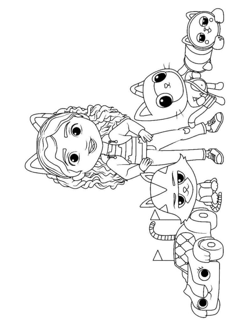 Gabby Dollhouse, MerCat, Pandy Paws, Kitty Fairy, Baby Box and DJ Catnip Coloring Page Template