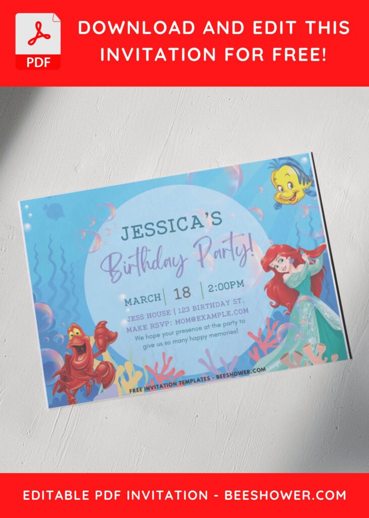 Sebastian Flounder And Ariel Mermaid Birthday Invitation