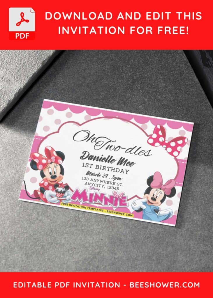 Pink Bow tie Minnie Mouse Birthday Invitation