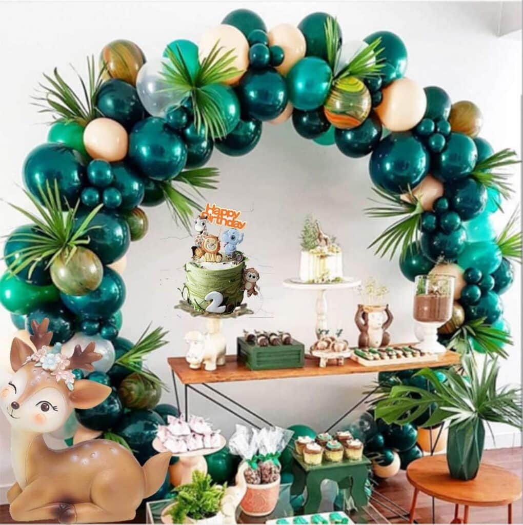 Black, Green White and Brown Balloon Arch for Wild One Jungle Party Animal Birthday Party Decor