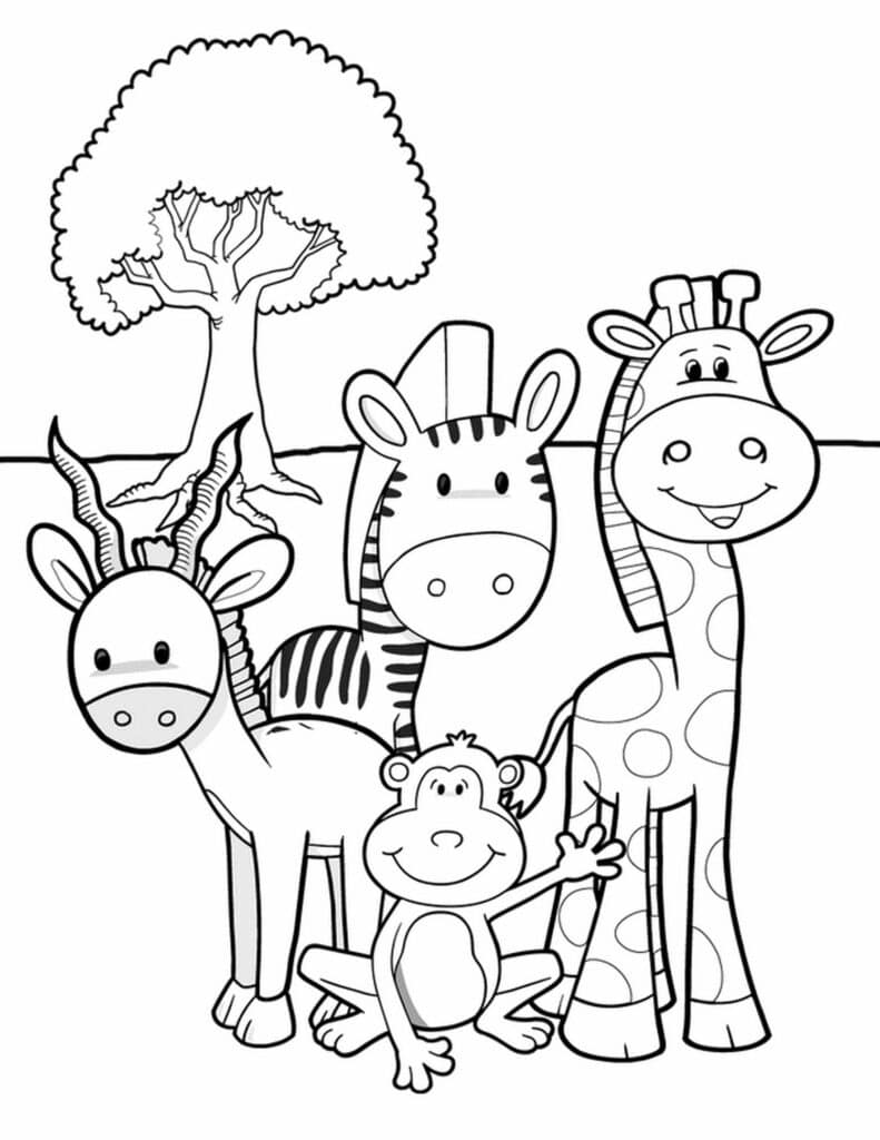 Zebra, Giraffe, Deer and Monkey Jungle Coloring Page Template