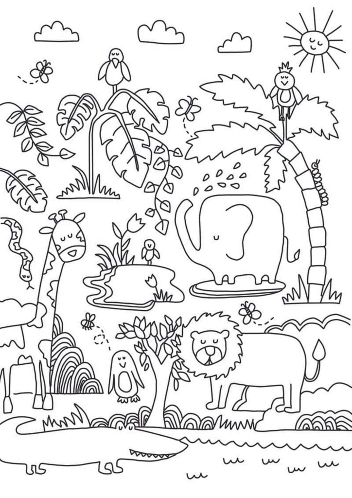 Lion, Giraffe and Elephant Jungle Coloring Page Template