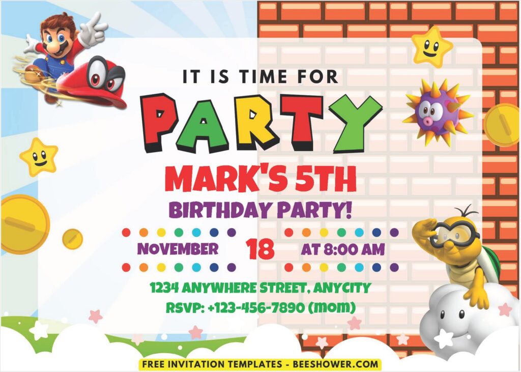 Coin And Stars Super Mario Birthday Invitation