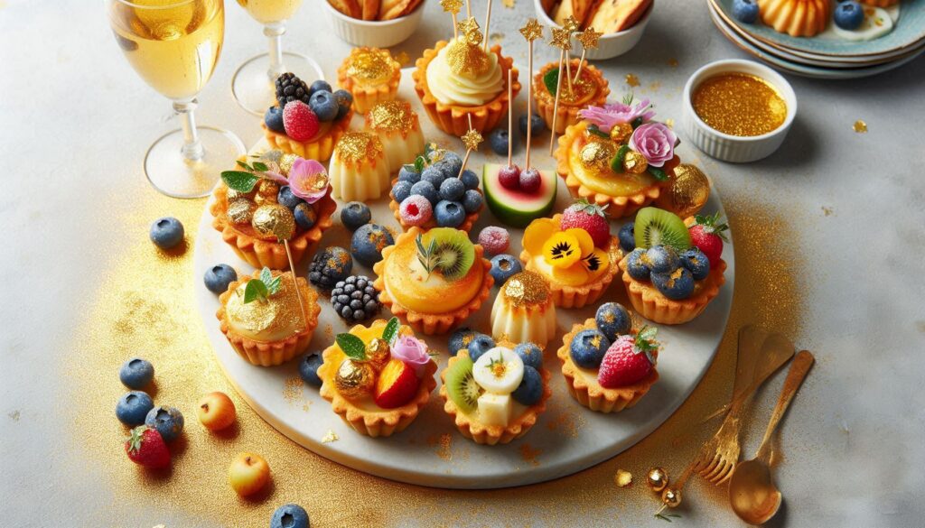 mini quiches, fruit skewers, and cheese platters that sparkle with edible gold leaf