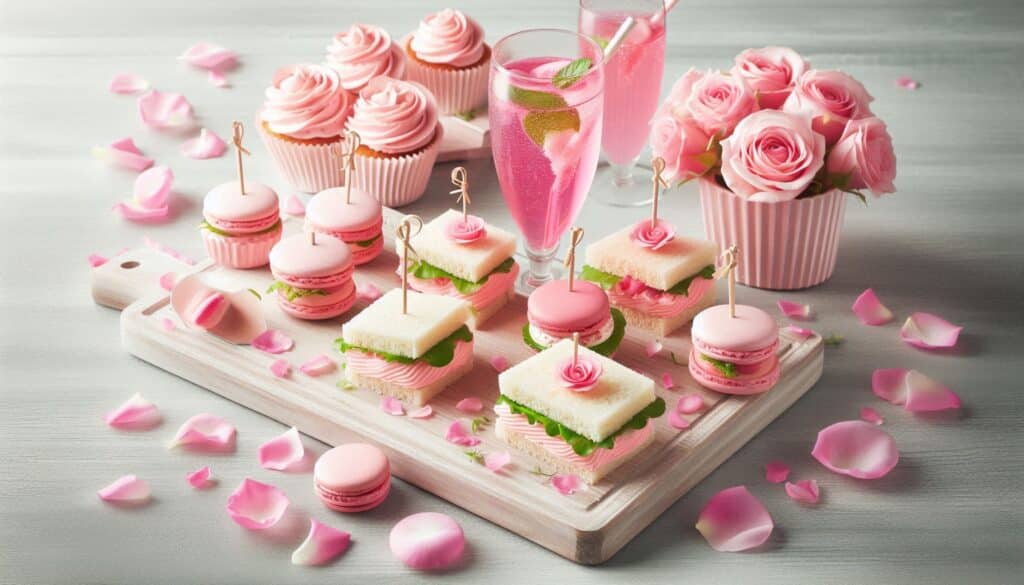 mini sandwiches with pink-tinted cream cheese, rose macarons, and maybe a signature pink lemonade with floating rose petals