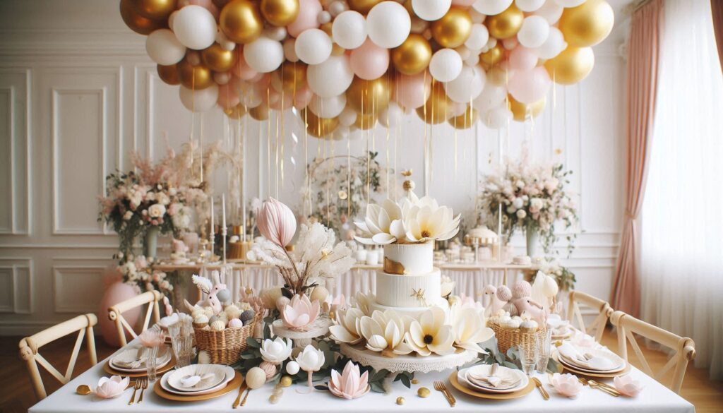 Magnolia inspired centerpiece with floating/hanging balloons