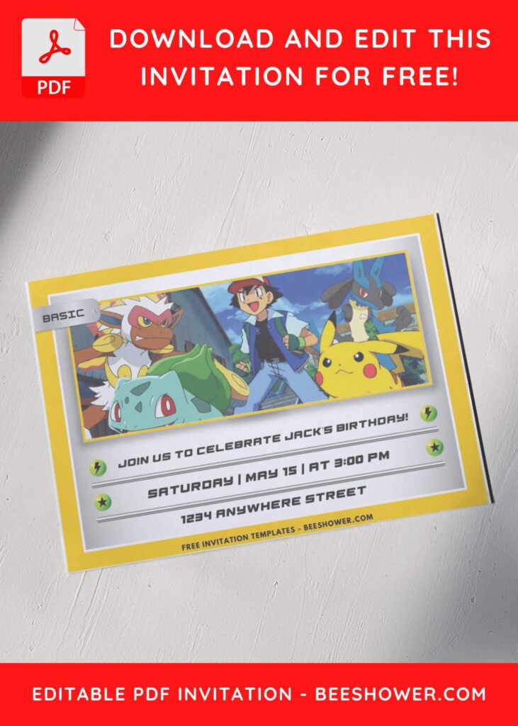 Pokemon Pikachu and Ash Ketchum Master Card Birthday Invitation