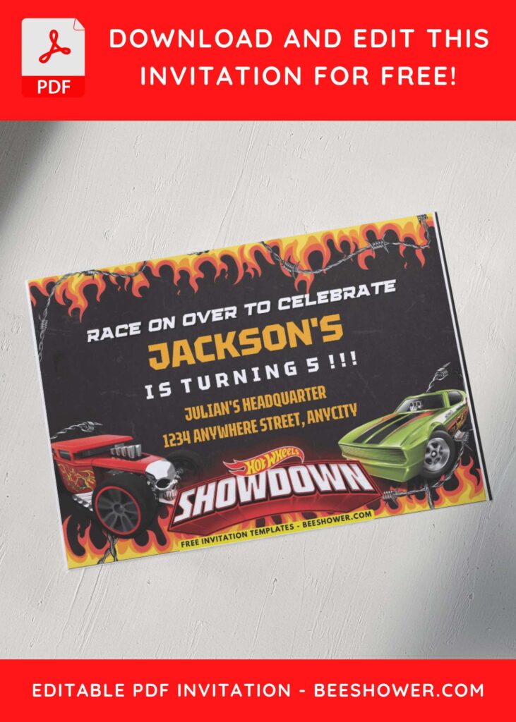 Hot Wheels Red and black Bone Shaker Hot Rod Birthday Invitation