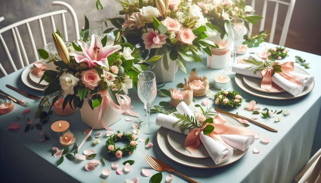 napkins in floral ribbons, and scatter flower petals on the tables