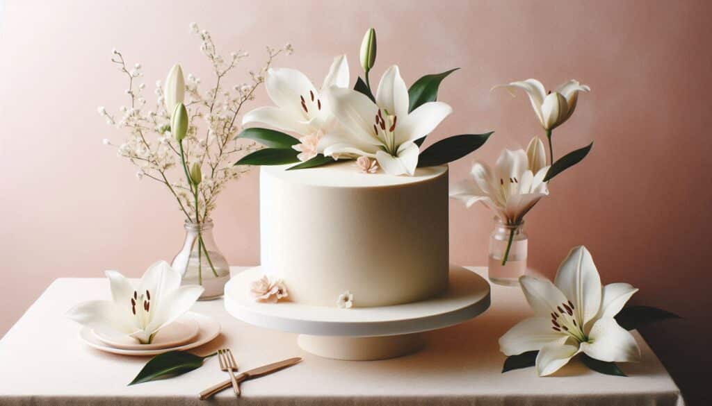 a classic white cake adorned with edible Magnolia and Lily Sugar Flowers