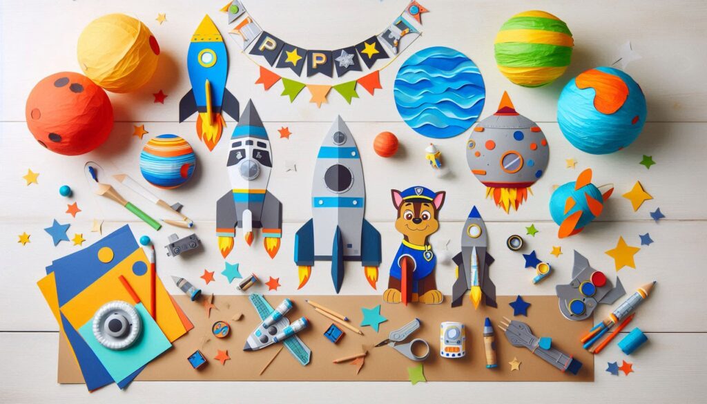 DIY PAW Patrol & Space themed paper rockets and cardboard planets