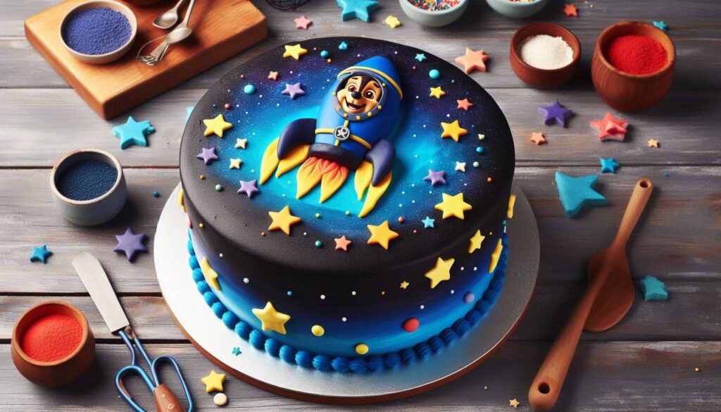 Custom Dark Space Birthday Cake with edible stars, rocket and PAW Patrol Chase astronaut