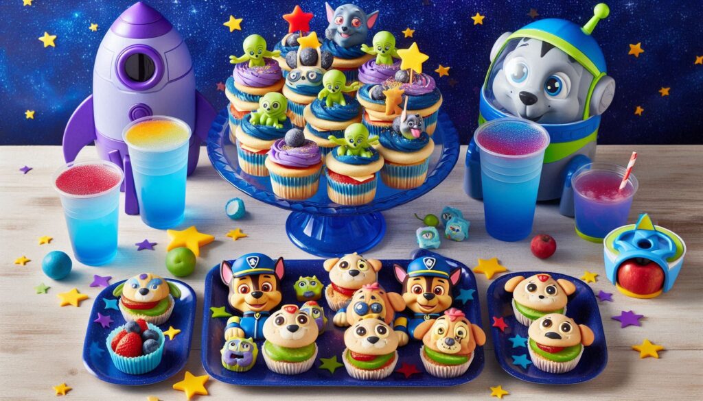 rocket sandwiches, alien cupcakes and galaxy punch lemonade for PAW Patrol Space birthday party