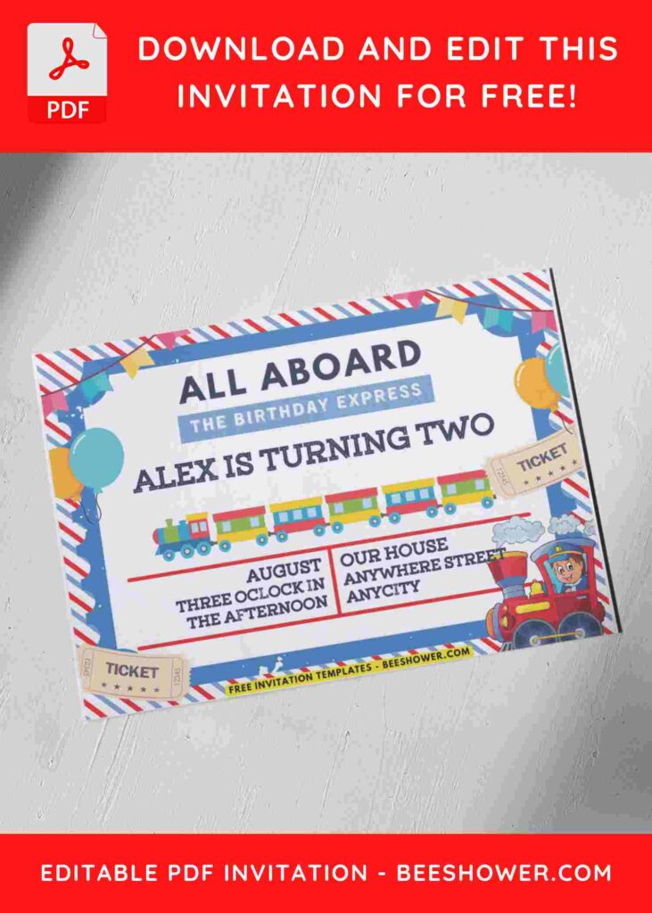 Cute watercolor conductor and train birthday invitation