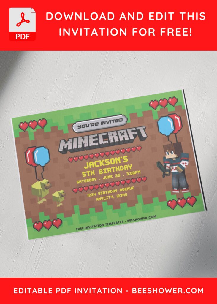 Minecraft Pixel Balloon and Swordman Birthday Invitation