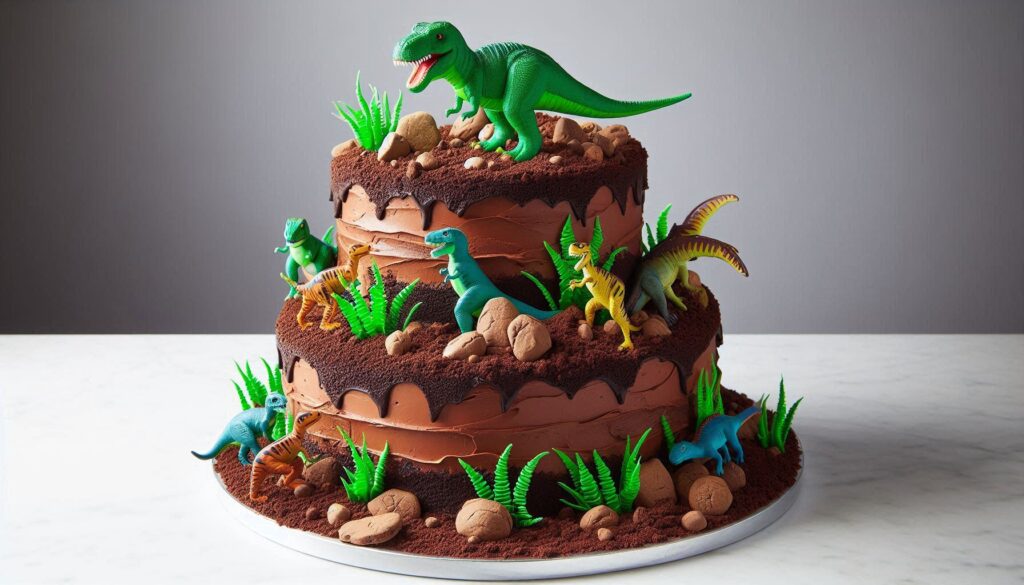 2 tiered Chocolate birthday cake with T-Rex toy figurine