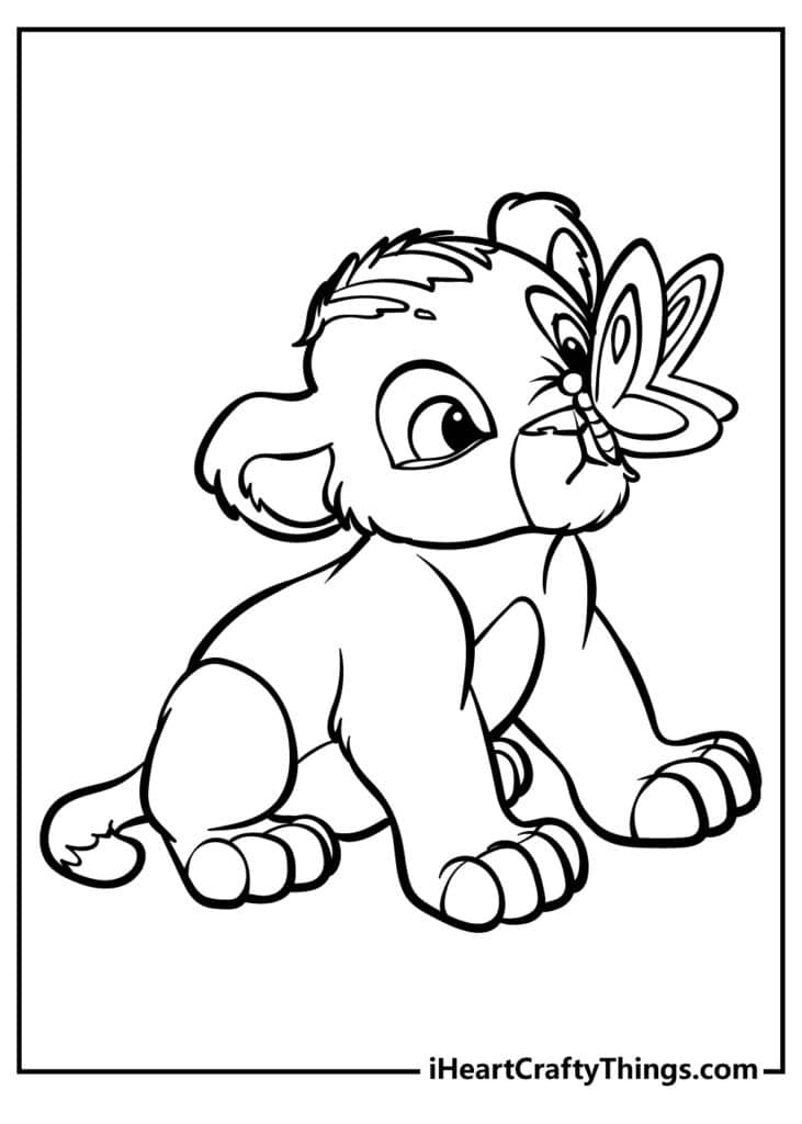 Adorable Baby Simba and butterfly Lion King Coloring Pages templates