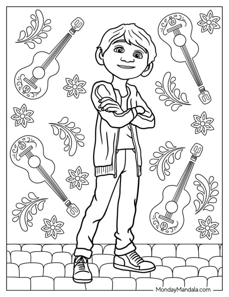 Ukulele and flowers Coco Coloring Pages Templates