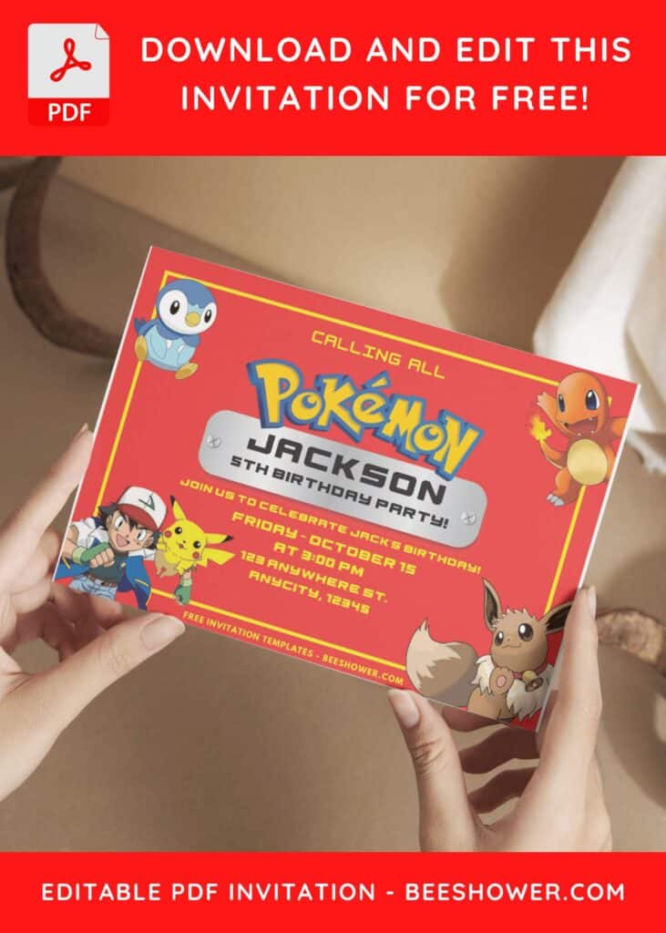 Ash Ketchum and Pikachu Pokemon Birthday Invitation